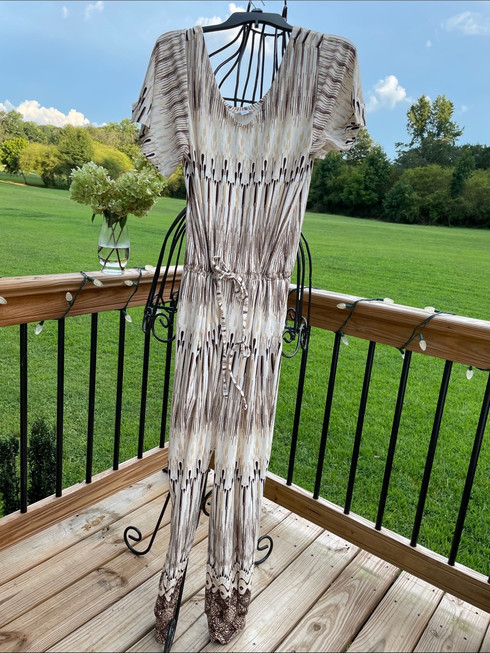 LuLaRoe Neutral Ivory and Brown Patterned Jumpsuit